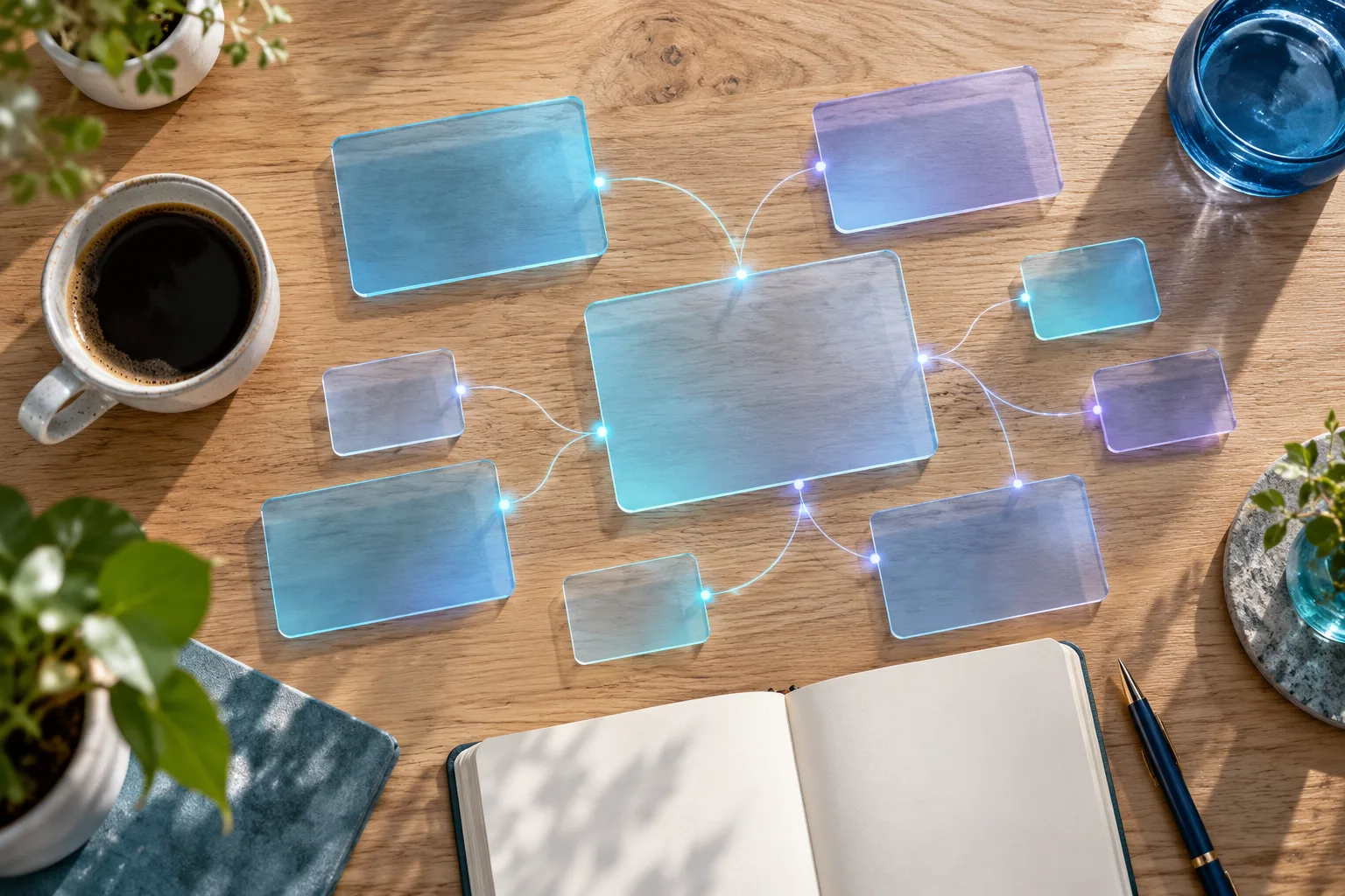 Several translucent cards of different sizes laid out on a desk, an image that suggests comparing AI subscriptions.