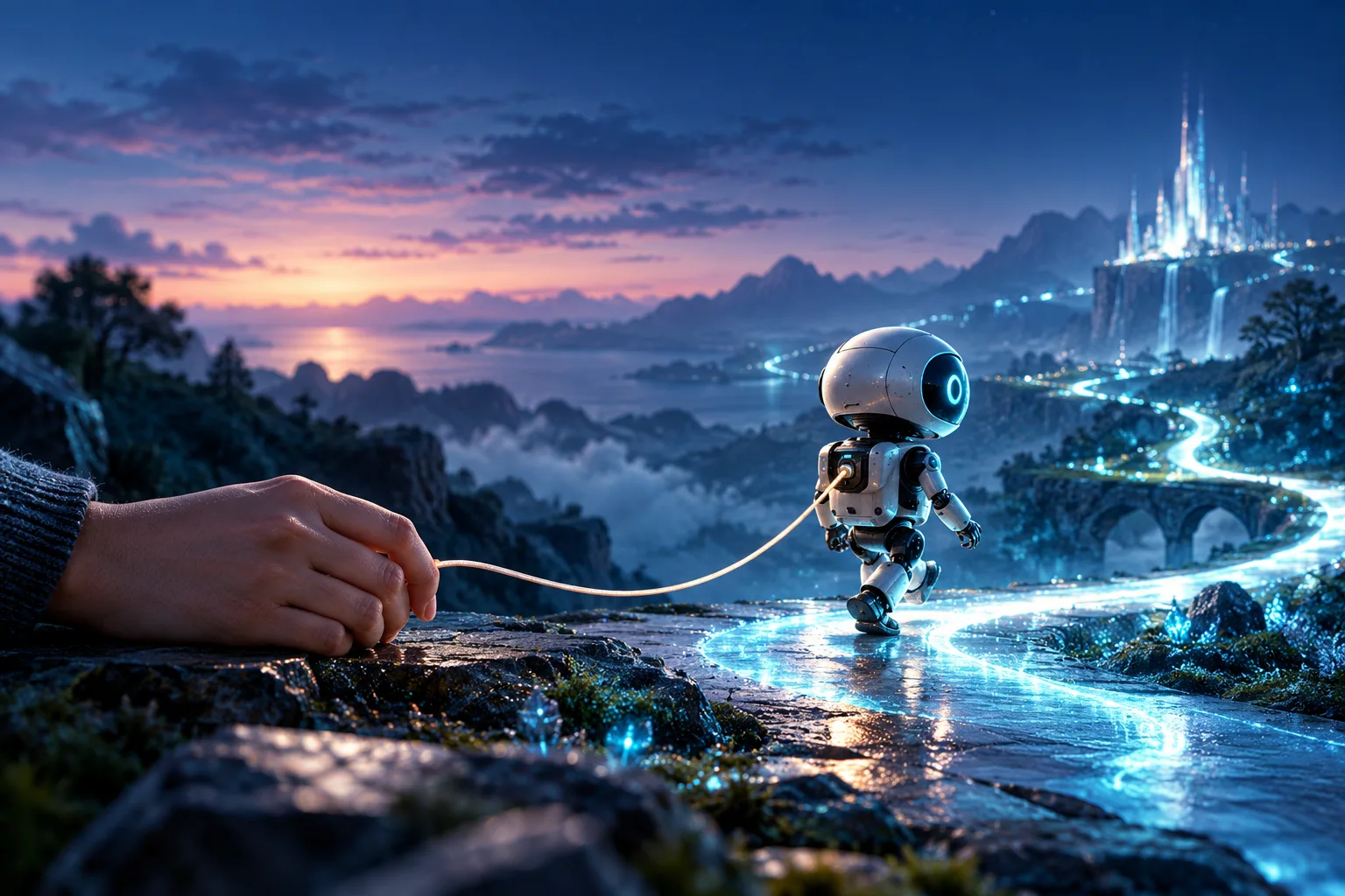 A small robot walking alone along a glowing path, tied by a loose thread to a human hand, an image of an AI agent's supervised autonomy.