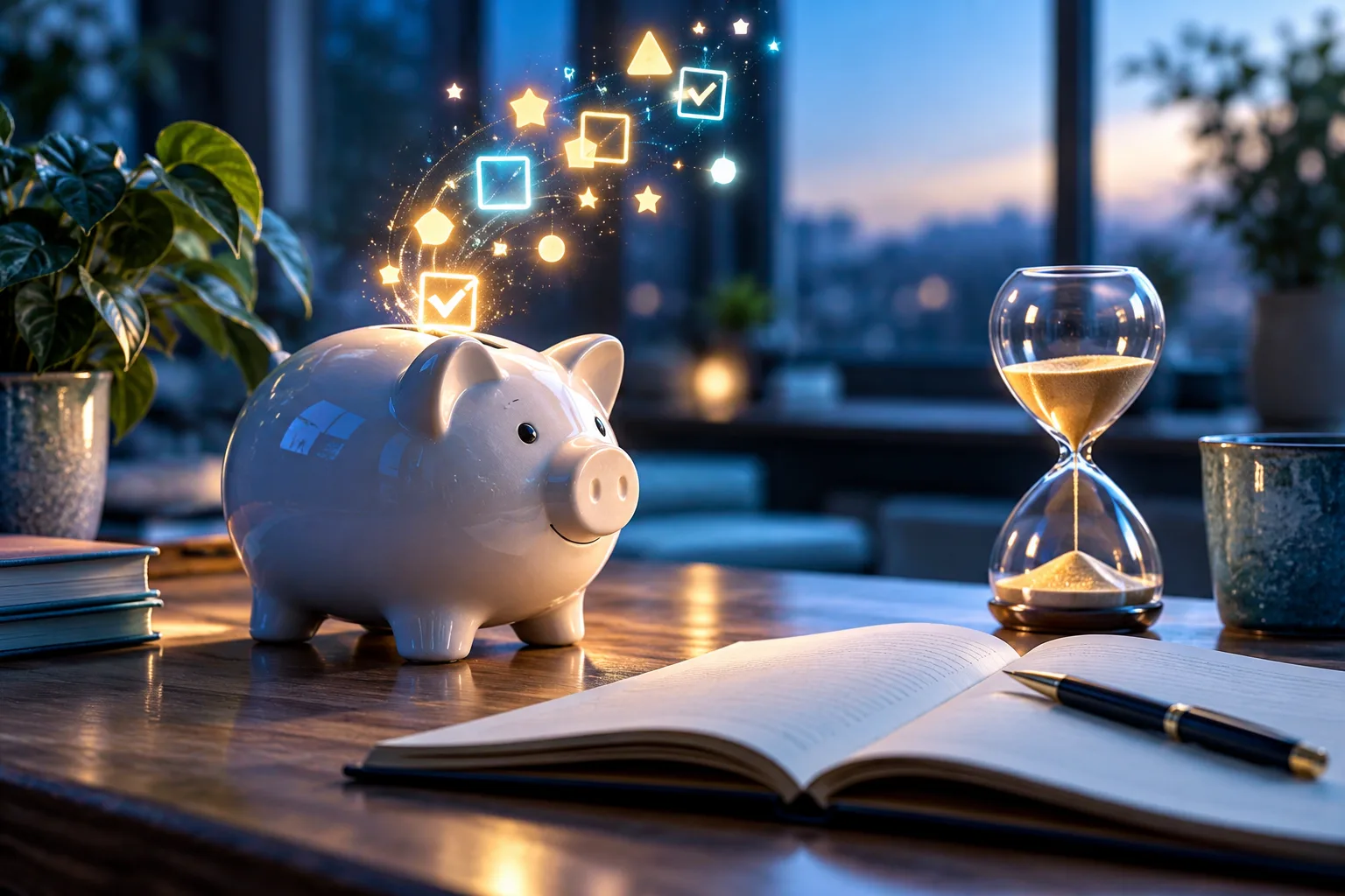 A piggy bank, a notebook and an hourglass on a desk, with small glowing shapes rising from them, suggesting an AI agent used for free.