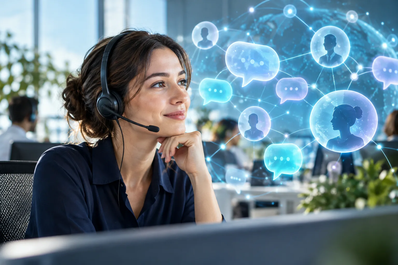Une conseillère équipée d'un casque observe des bulles de dialogue qui circulent entre des clients et un réseau de nœuds lumineux.