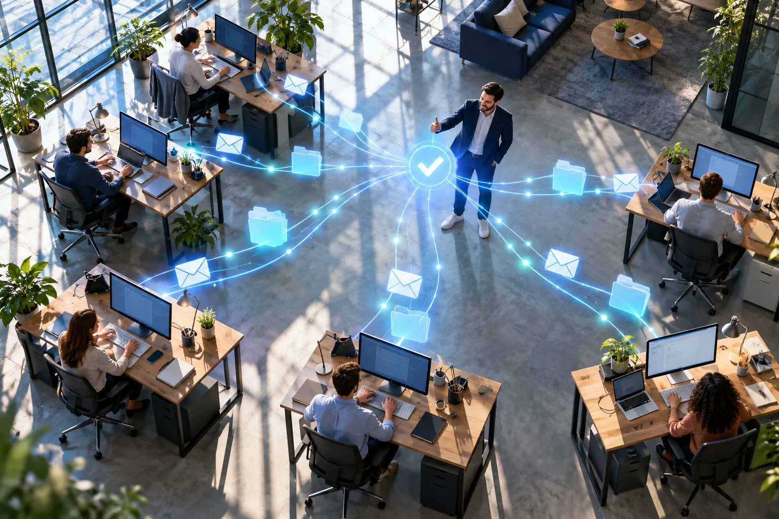 Overhead view of a bright open-plan office where glowing threads carry envelopes and folders to a person who approves them.