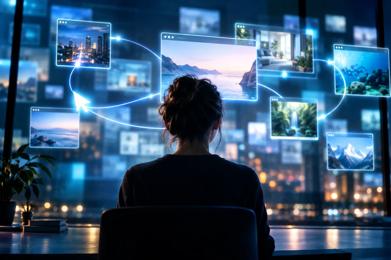 A person seen from behind watches browser windows opening on their own, linked by a glowing line that suggests an AI agent browsing.