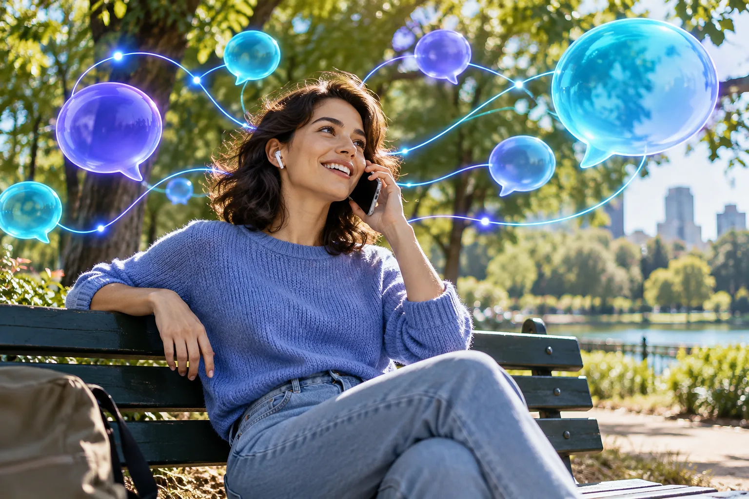 Una persona sentada en un banco de un parque habla con su teléfono mediante auriculares, rodeada de burbujas de diálogo de colores conectadas.