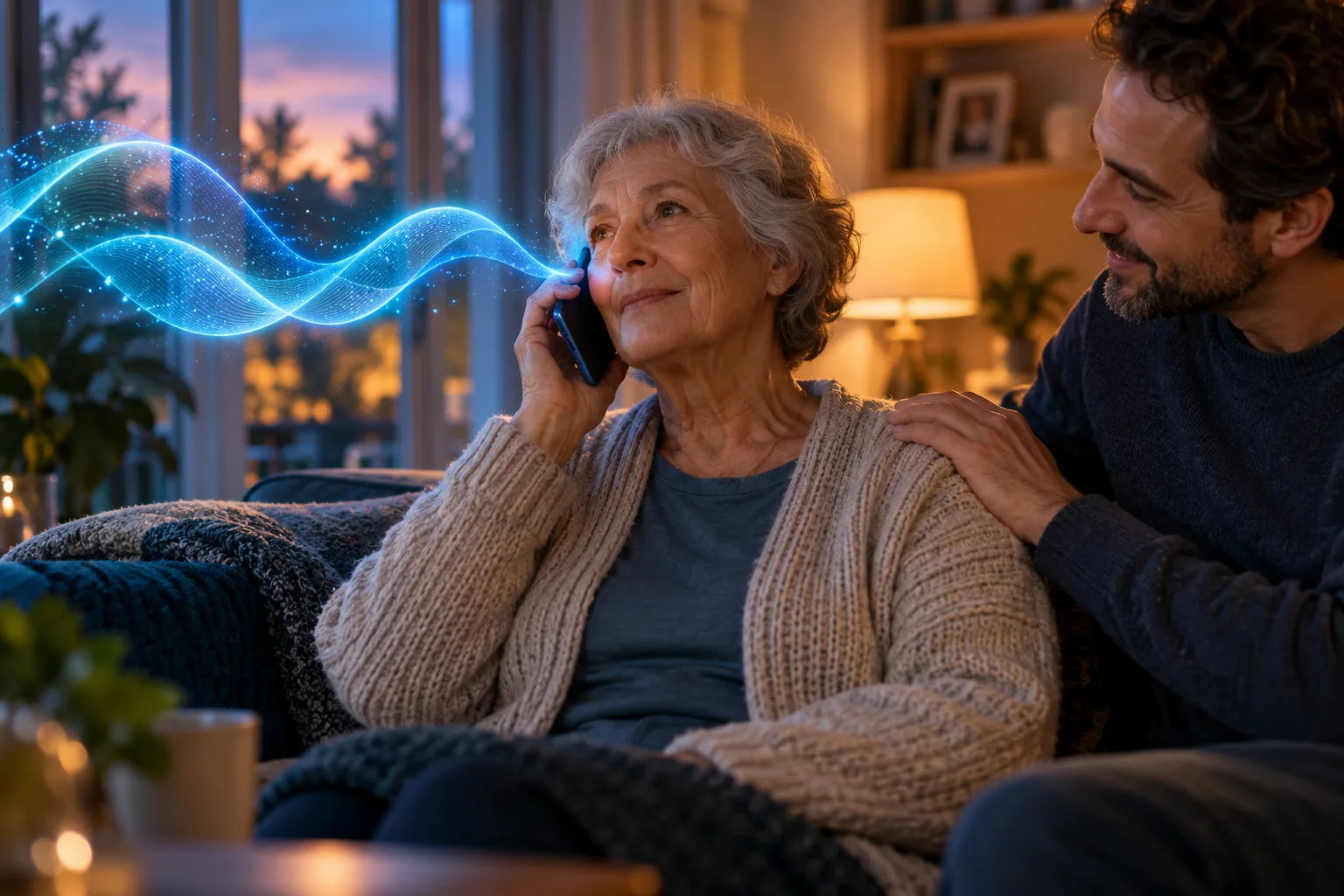 Une personne âgée au téléphone dans un salon, une onde sonore lumineuse dédoublée sort du combiné, un proche à ses côtés pose la main sur son épaule.