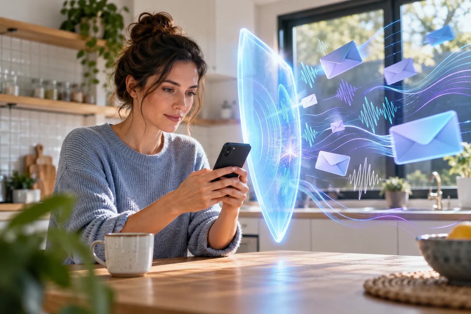 Une personne attentive tient son téléphone dans une cuisine lumineuse, protégée par un bouclier translucide qui arrête des ondes sonores et des enveloppes.
