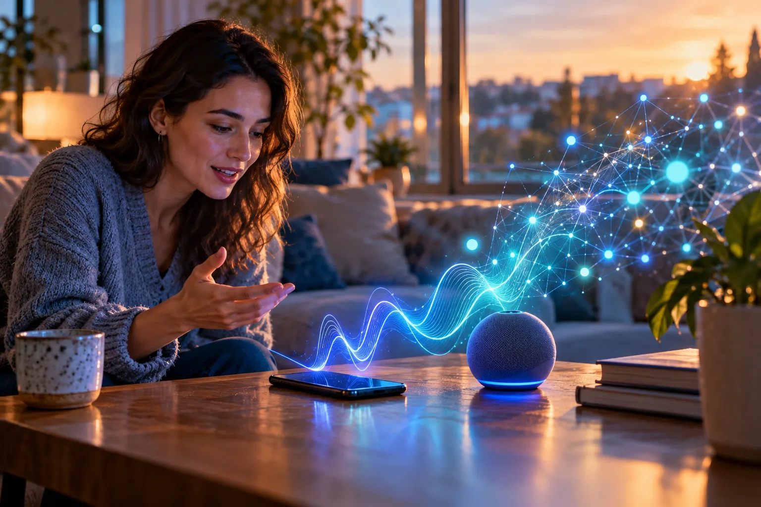 Une personne parle à son téléphone dans un salon lumineux, des ondes sonores se transforment en réseau de points lumineux.