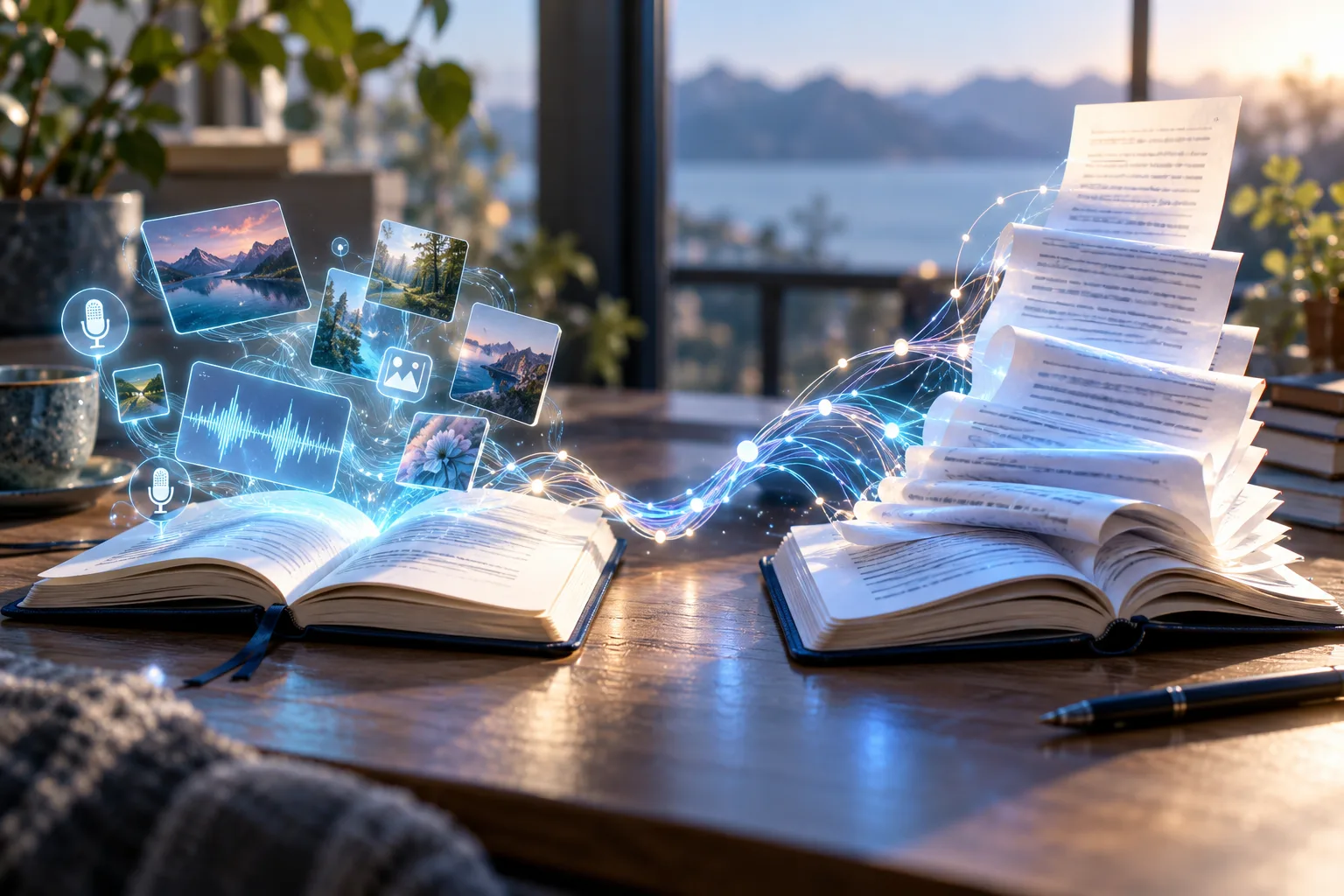 Deux carnets ouverts côte à côte sur un bureau, l'un entouré de symboles de voix et d'images, l'autre de longues pages de texte, reliés par un fil lumineux.