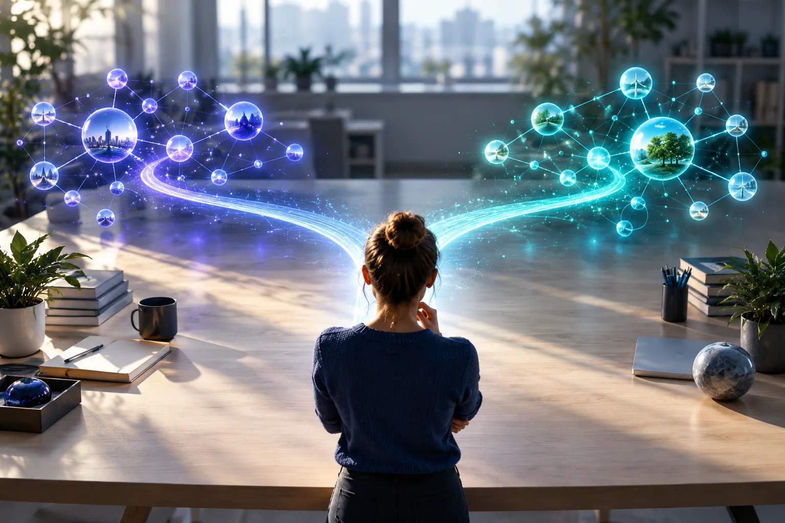 Une personne de dos hésite entre deux chemins lumineux qui mènent à deux réseaux de points distincts, image du choix entre deux assistants IA.