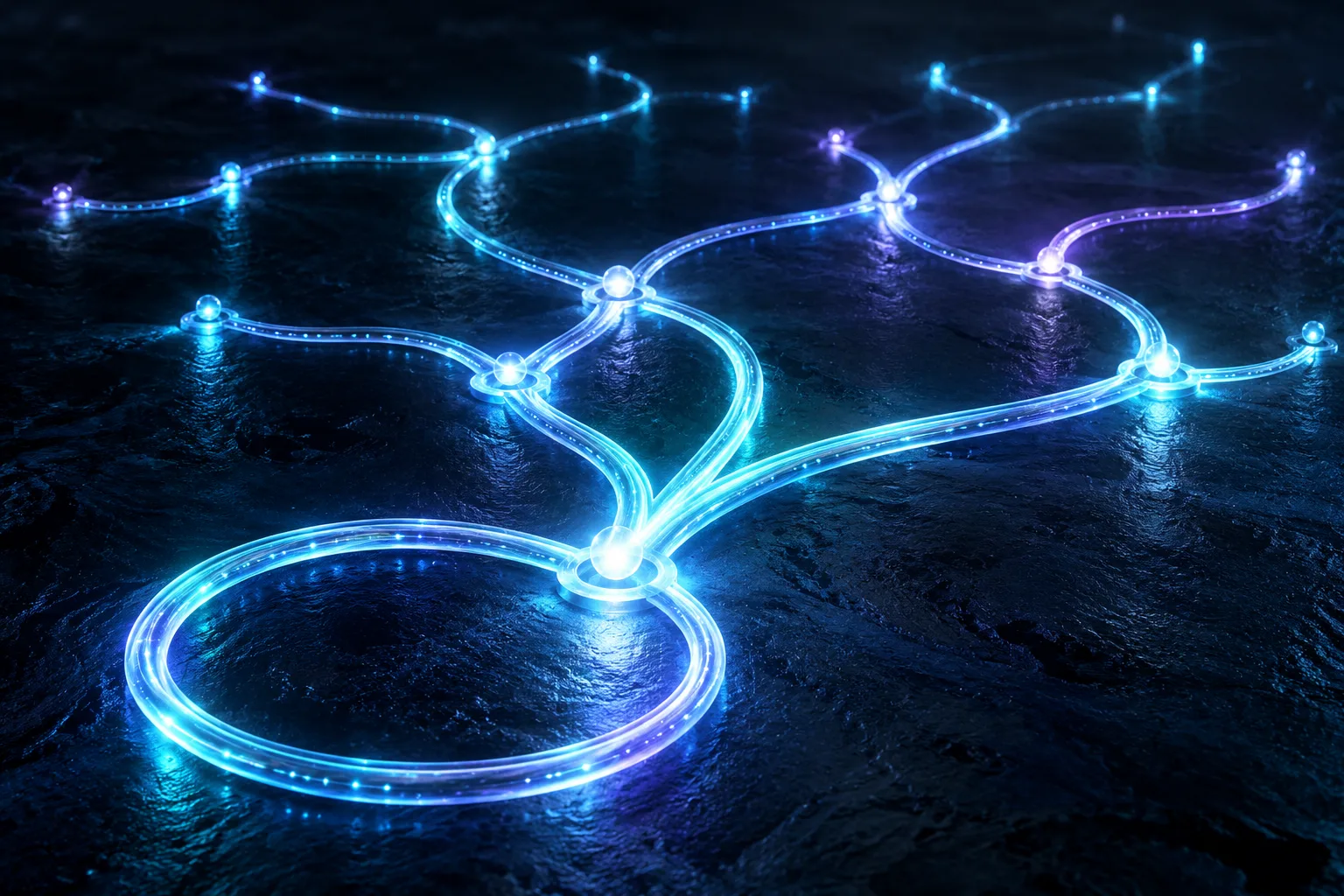 A glowing path splitting into several branches, with points of light at each fork and a loop leading back to the start, an image of an AI agent's successive choices.