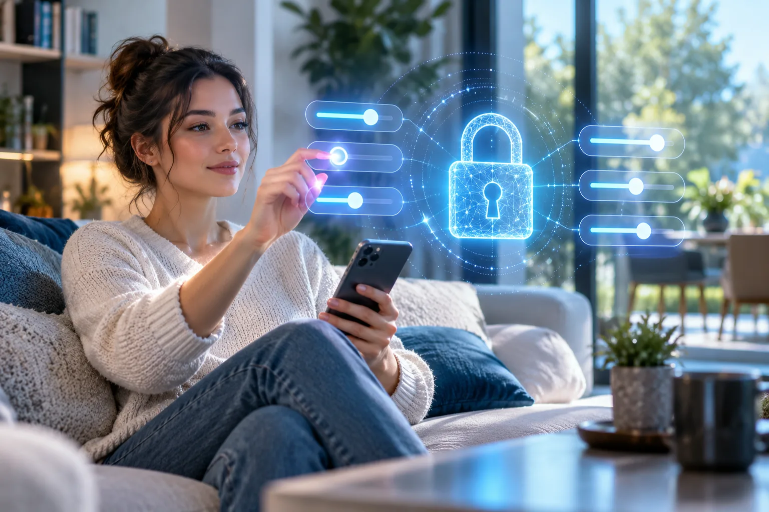 Una persona ajusta controles luminosos sobre su teléfono, alrededor de un candado estilizado que evoca la protección de datos.