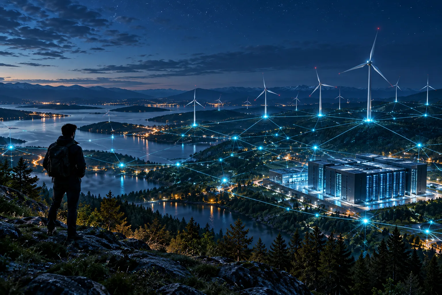 Un réseau de nœuds lumineux relié à des éoliennes et à un bâtiment de serveurs, observé de nuit par une personne sur une colline.