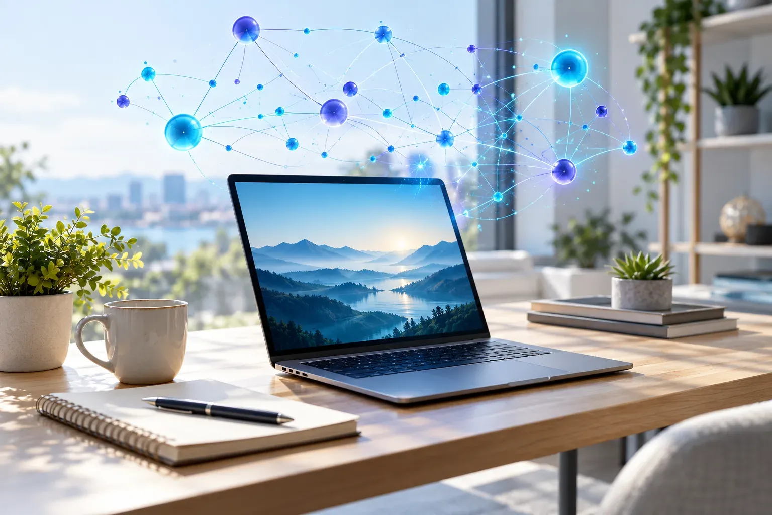 A bright desk with a laptop, with an abstract network of connected nodes floating above it.