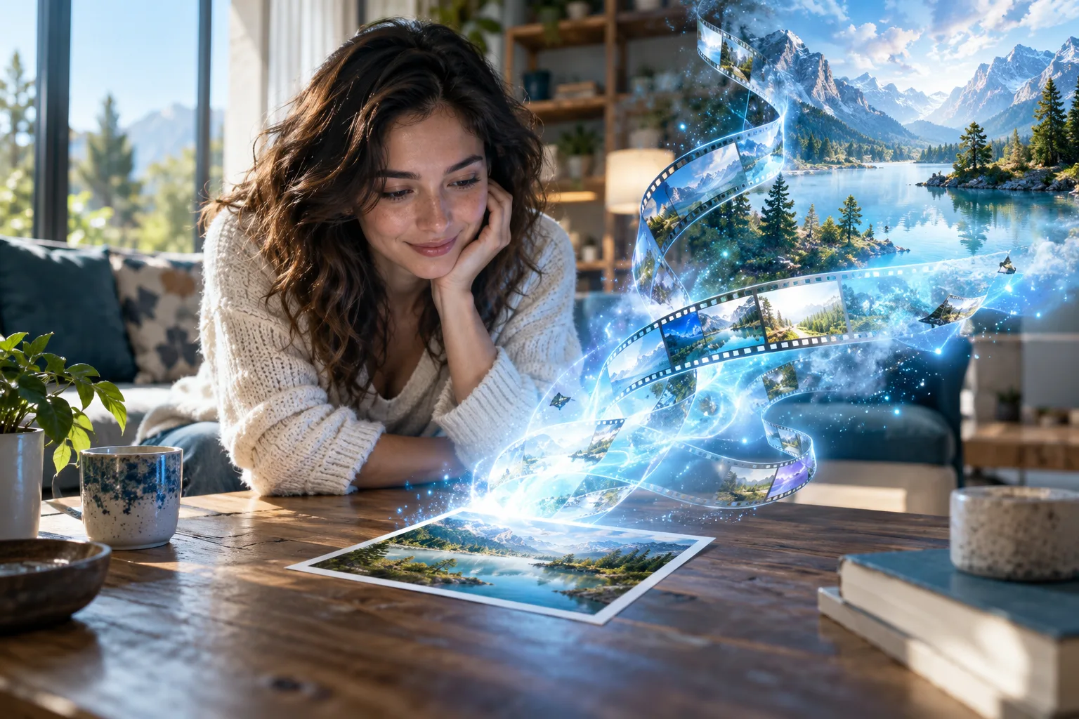 Une personne regarde une photo de paysage qui s'anime, d'où s'échappent des bandes de pellicule et des particules lumineuses.