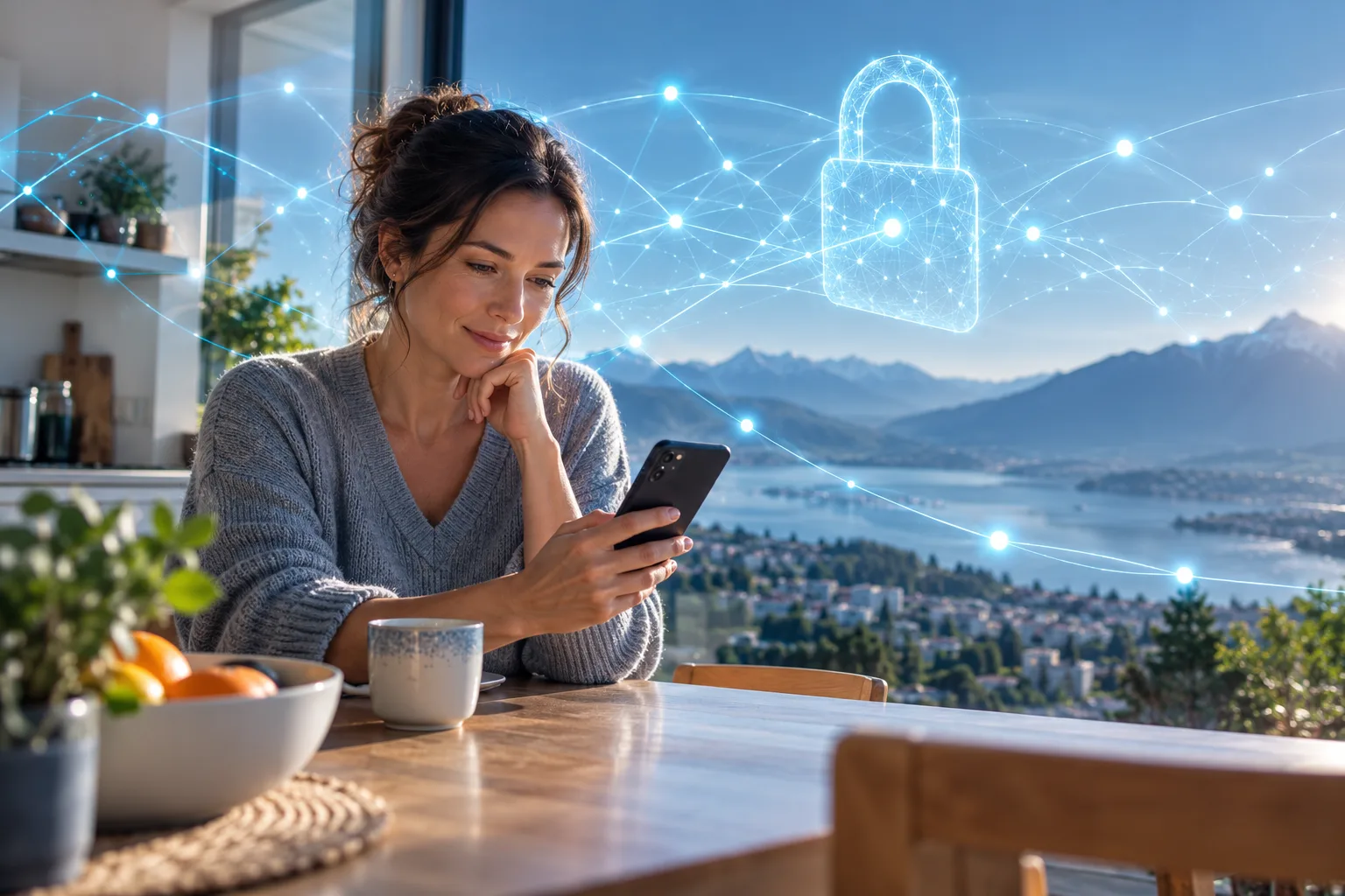 Une personne consulte son téléphone à une table de cuisine, sous un réseau de points lumineux qui traverse un cadenas translucide, évoquant les données et la confidentialité.
