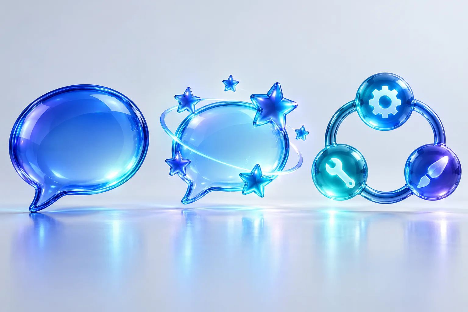 Trois formes lumineuses alignées : une bulle de dialogue, une bulle plus riche et une boucle de points reliés à des outils, pour illustrer chatbot, assistant et agent IA.