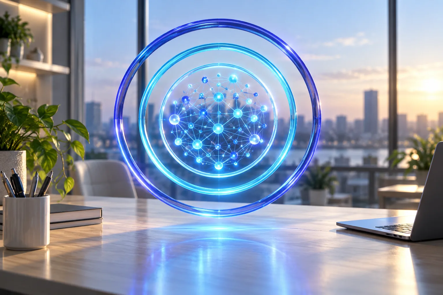 Trois cercles lumineux emboîtés, le plus petit rempli d'un réseau de points reliés, sur un bureau clair