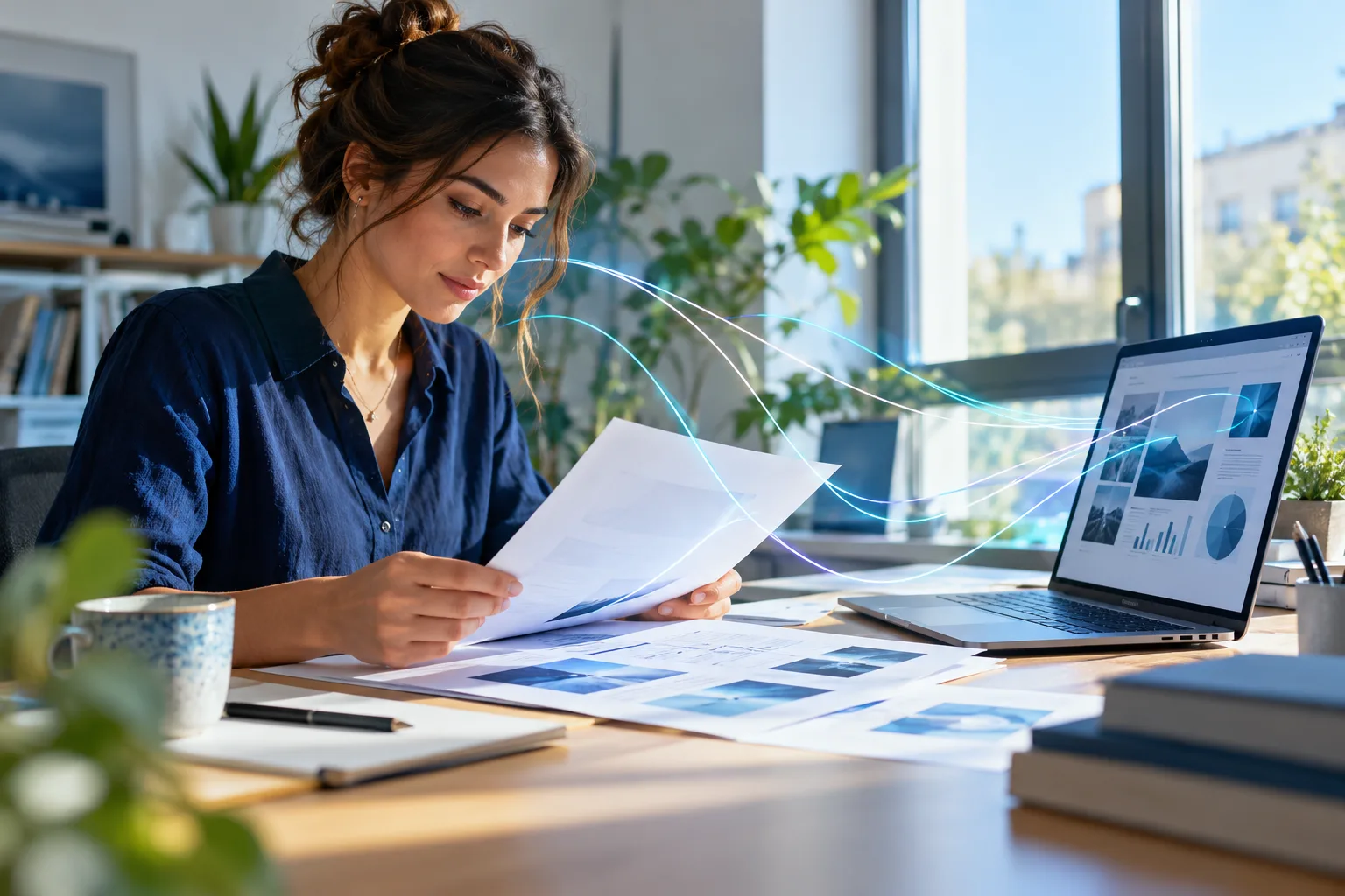 A person reviews printed pages at a bright desk, linked to an open laptop by thin glowing lines.