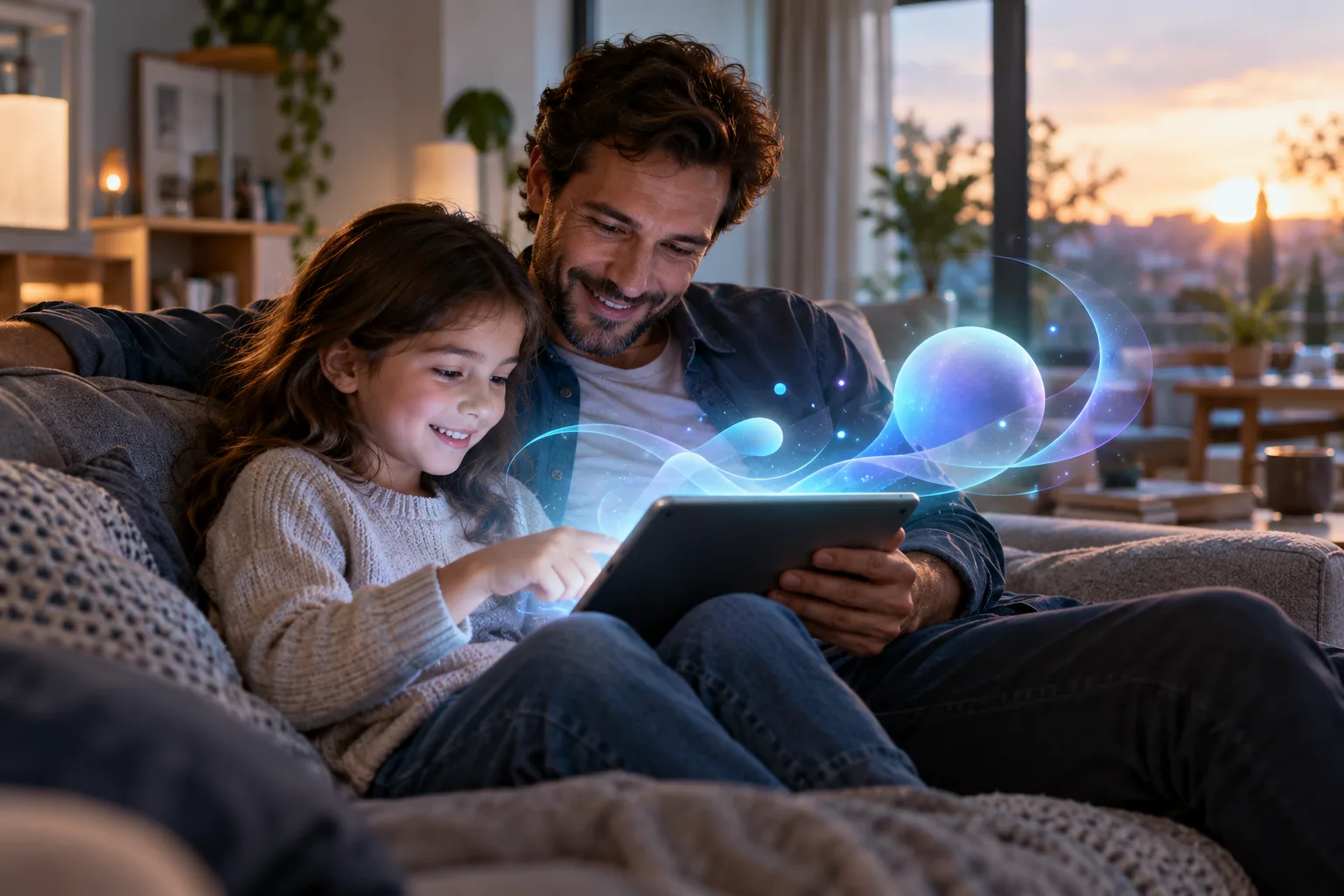 Una madre o un padre y un niño sentados en un sofá miran juntos una tableta, rodeados de formas luminosas abstractas.