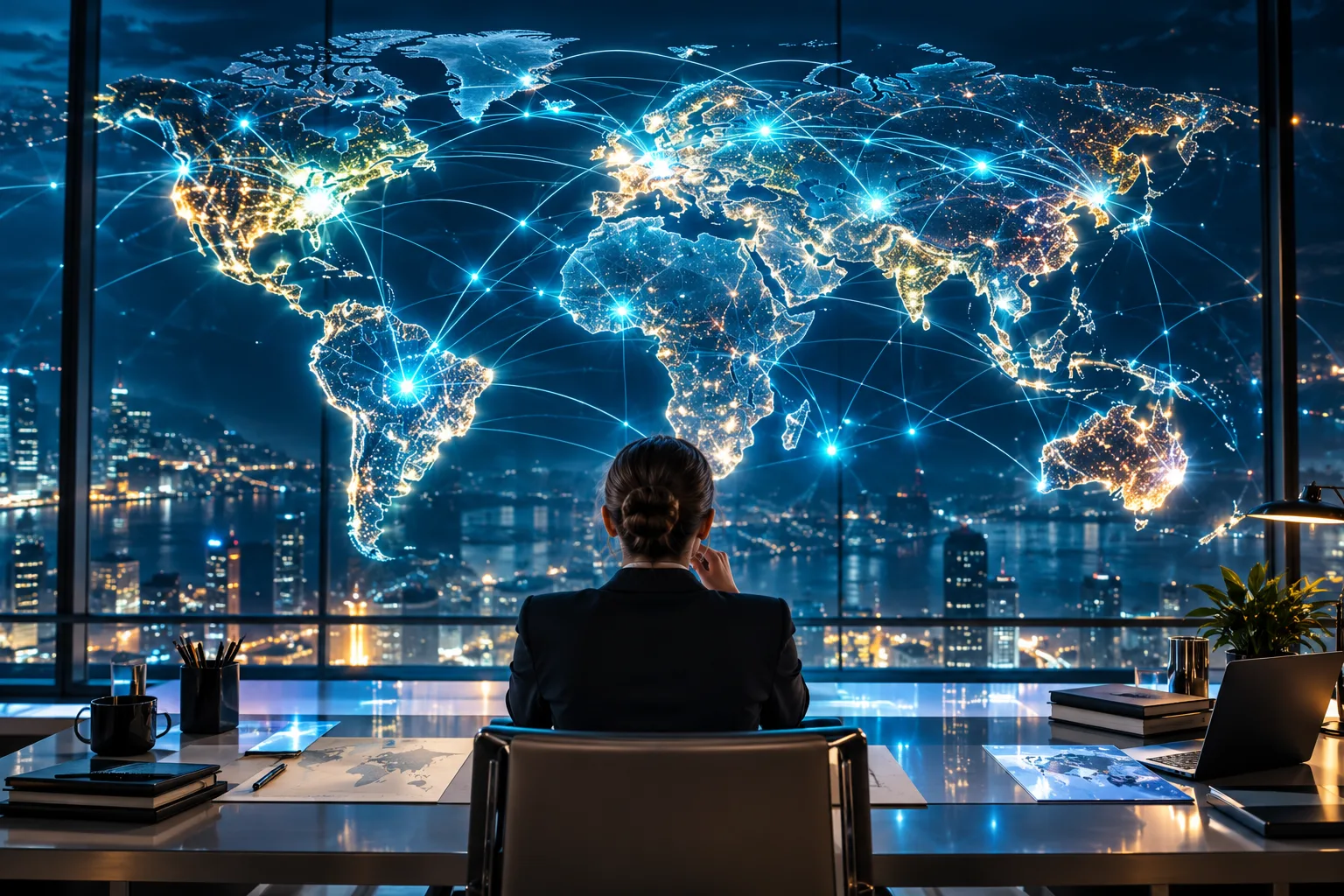 A person looks at a stylized world map where clusters of linked points of light suggest AI companies spread across several continents.