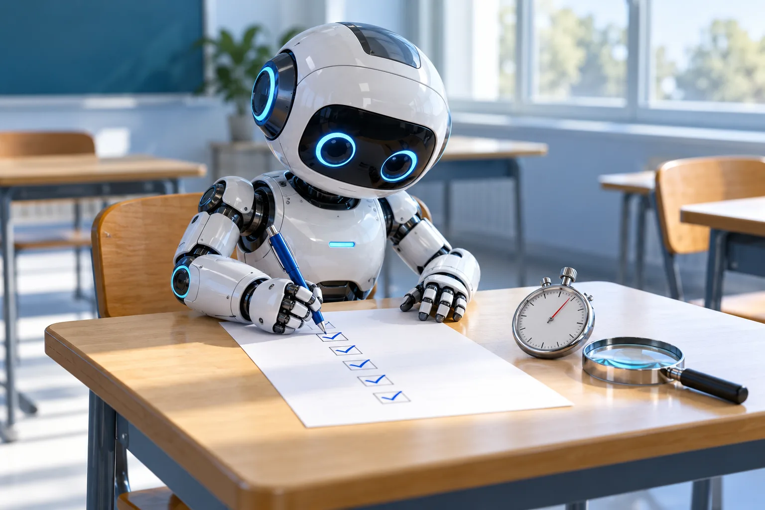 A small robot sitting at an exam desk with a sheet of ticked boxes, a stopwatch and a magnifying glass, illustrating the evaluation of an AI agent.