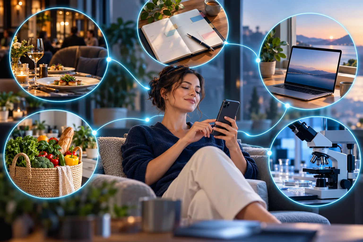 A relaxed person holds a phone, surrounded by small scenes linked by glowing threads: a restaurant, a calendar, a laptop, groceries and a microscope.