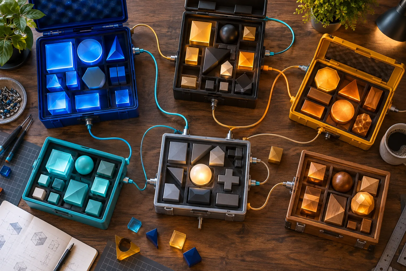 Several open toolboxes of different shapes and colors sit side by side, linked by thin cables.