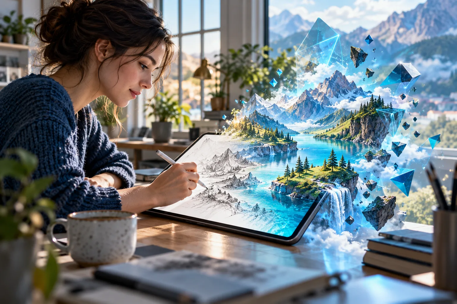 Una persona dibuja en una tableta y su boceto se convierte en un paisaje colorido hecho de formas y partículas luminosas.