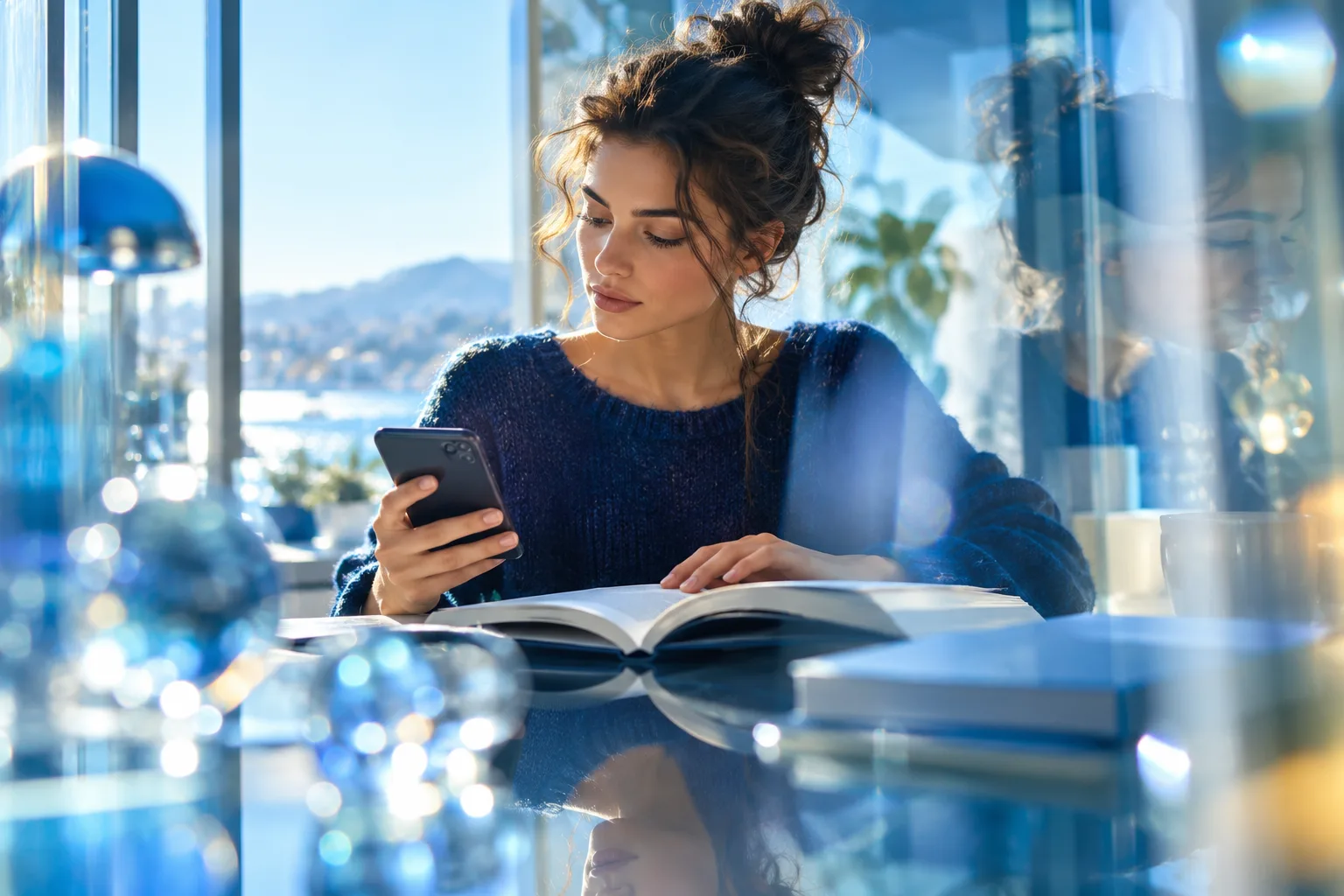 Une personne compare la réponse affichée sur son téléphone avec un livre ouvert, entourée de reflets qui se dédoublent