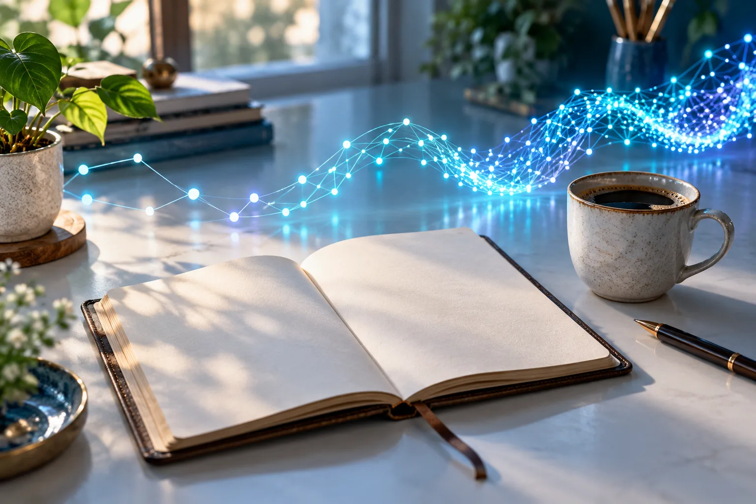 Frise lumineuse de points reliés, de plus en plus denses, qui serpente sur un bureau à côté d'un vieux carnet