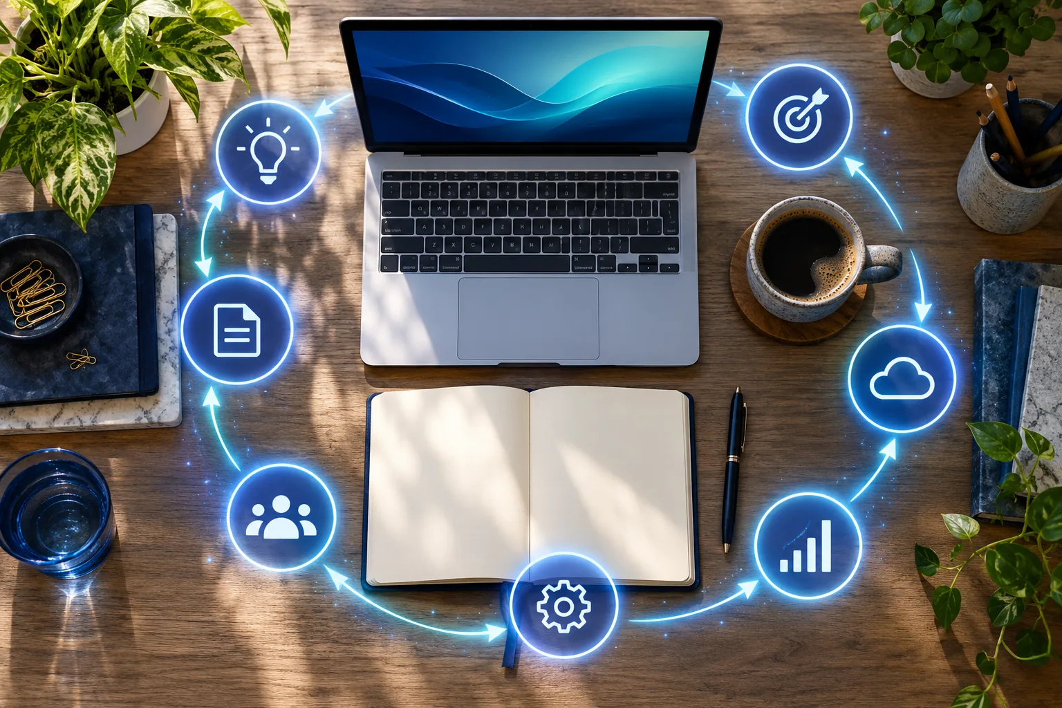 A bright desk seen from above, with a laptop sending glowing arrows around a loop of small steps, an image of agentic AI at work.