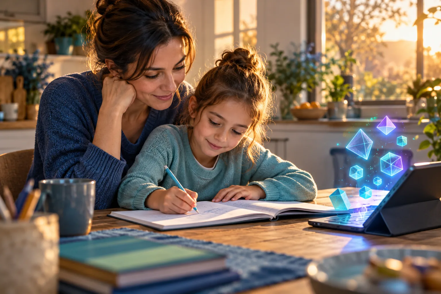 Un padre y su hijo trabajan juntos sobre un cuaderno abierto, junto a una tableta de la que surgen pequeñas formas luminosas.