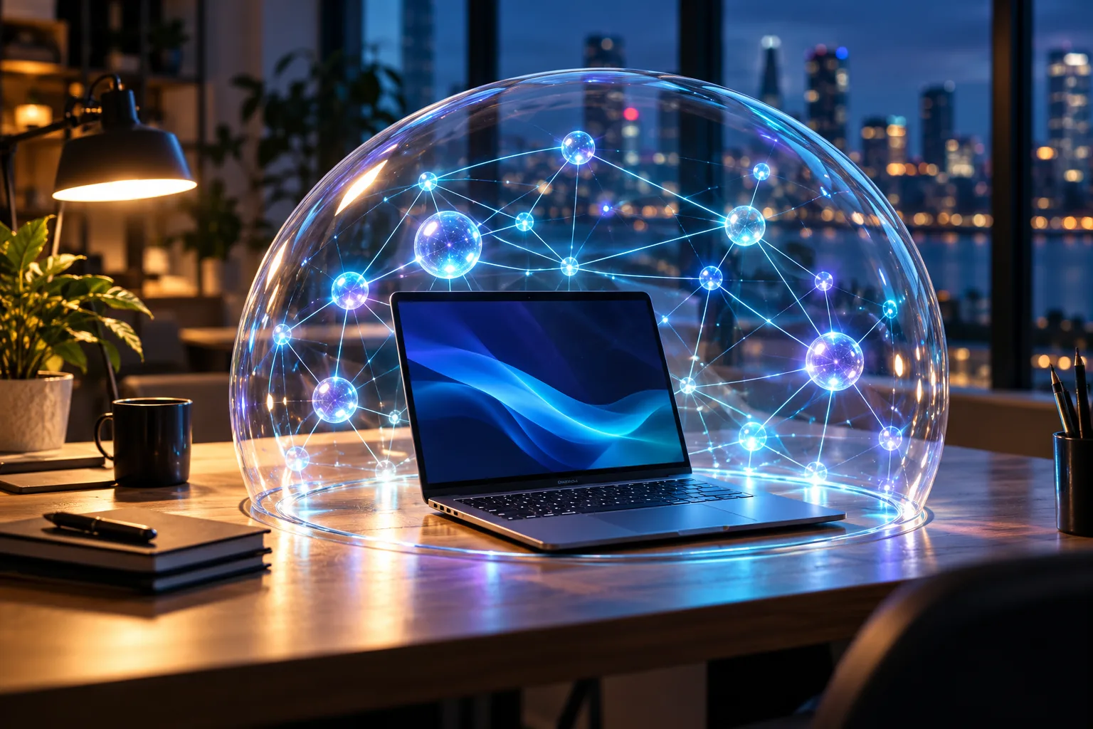 Un portátil sobre un escritorio rodeado de una red de puntos luminosos encerrada en una burbuja transparente, símbolo de una IA que se queda en la máquina.
