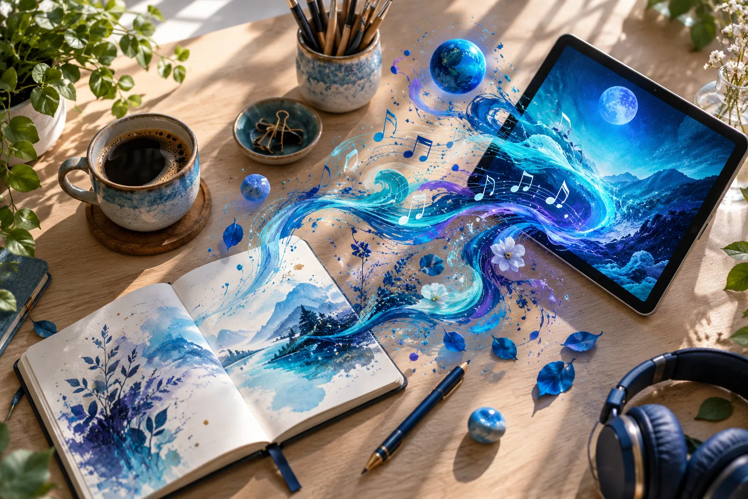 Un bureau vu de dessus où des formes colorées, des notes de musique et des traits de pinceau sortent d'une tablette
