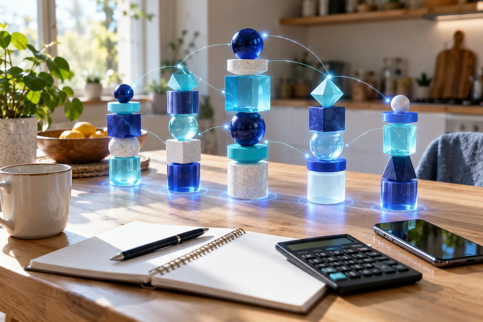 Un carnet, une calculatrice et un téléphone sur une table lumineuse, surmontés de formes abstraites empilées qui évoquent des postes de dépenses.