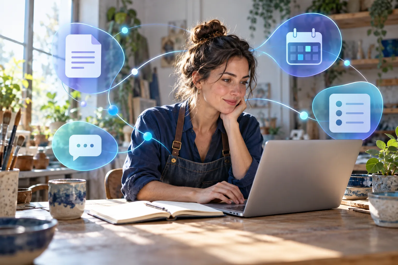 Une artisane travaille sur son ordinateur portable dans un atelier lumineux, entourée de formes reliées qui évoquent les devis, l'agenda et les messages clients.