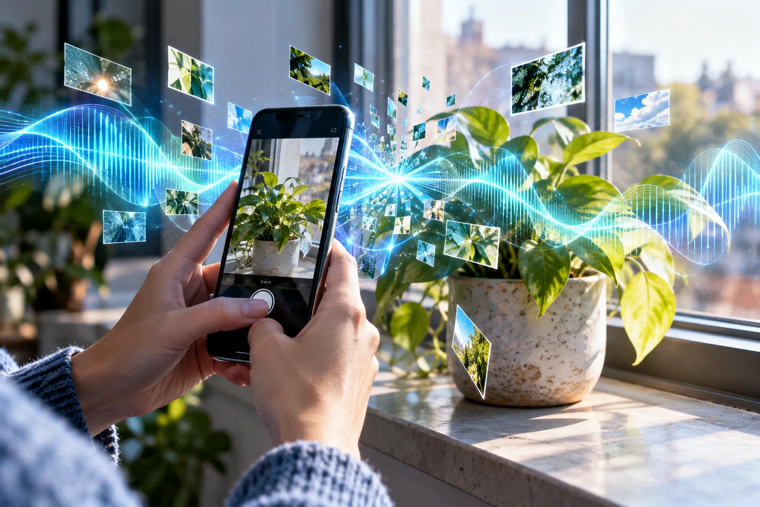 Una mano fotografía una planta con un móvil, rodeada de ondas sonoras y fragmentos de imagen luminosos
