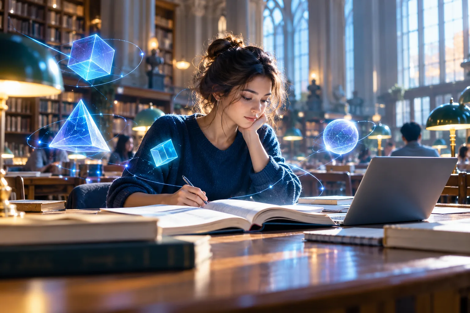Una estudiante trabaja en una mesa de biblioteca luminosa con un portátil y libros abiertos, bajo formas geométricas que brillan suavemente.