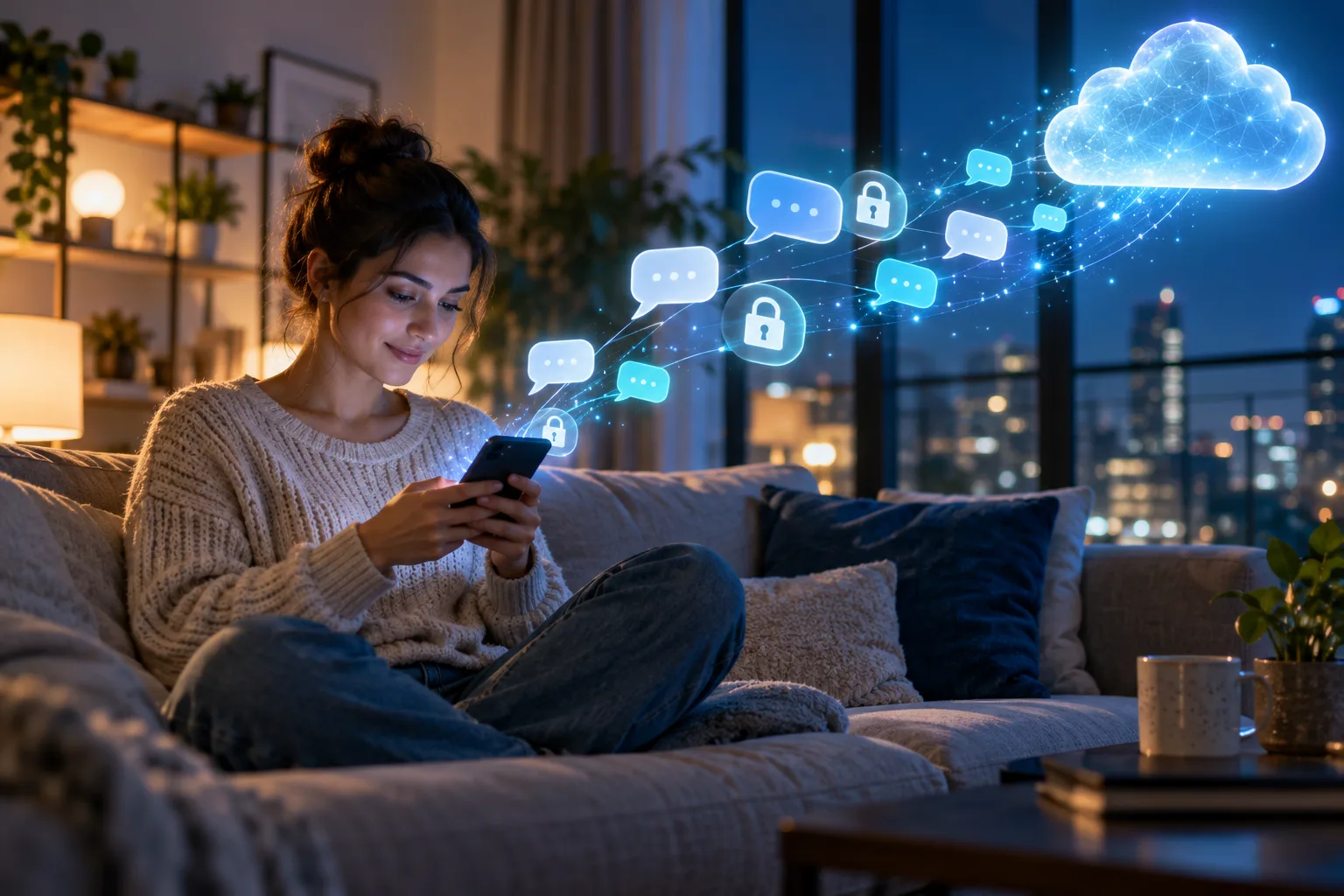 Una persona escribe en su teléfono en un salón luminoso; sus burbujas de diálogo viajan hacia una nube y algunas llevan un candado.