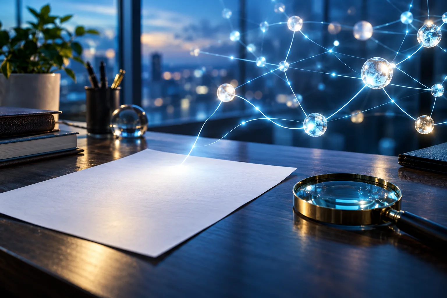 A glowing sheet of paper on a desk, with a faint thread running to a network of nodes, next to a magnifying glass.