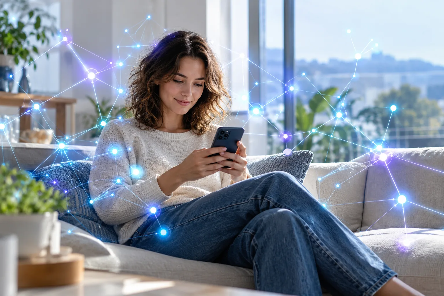 Una persona mira su teléfono en un salón luminoso, rodeada de una red de puntos de luz conectados que evoca la inteligencia artificial.