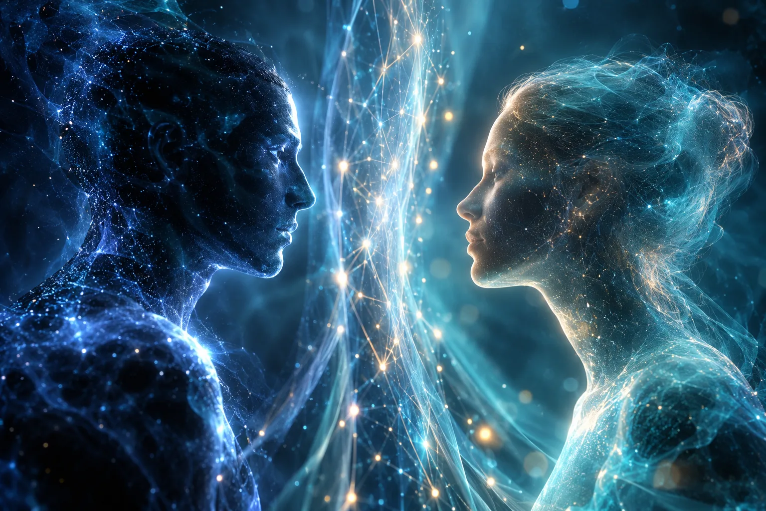 Two abstract figures face each other across a glowing veil threaded with connected dots, an image of the dialogue between people and AI.