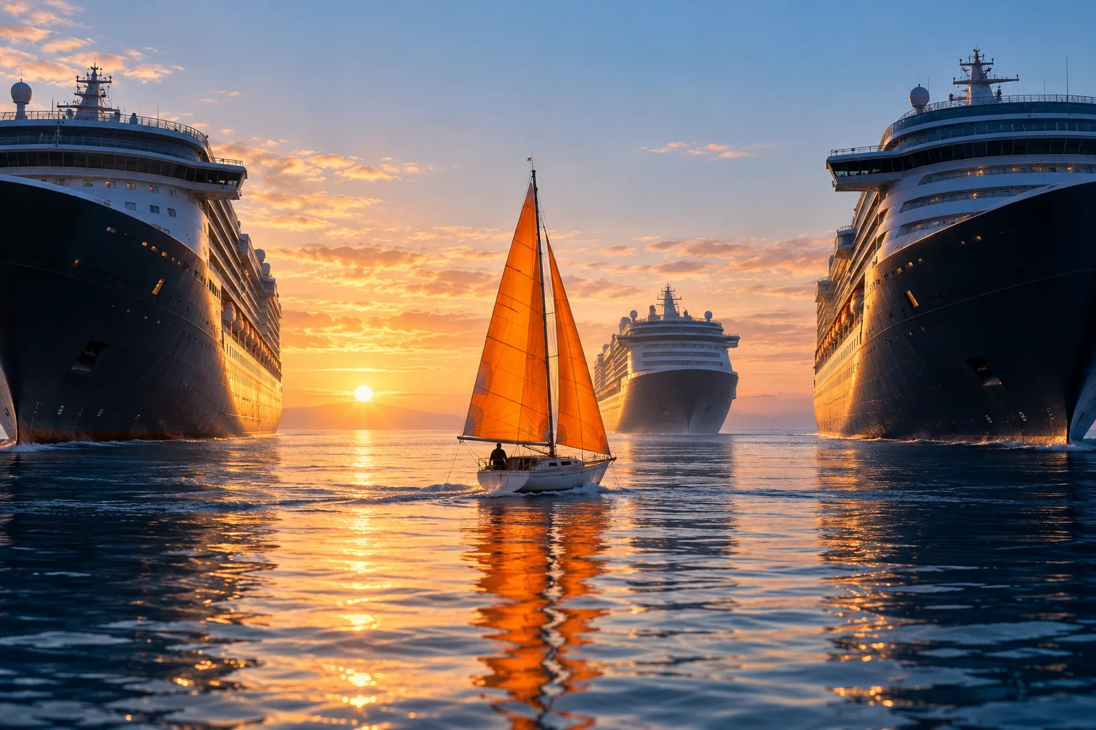 Un pequeño velero naranja navega entre tres grandes transatlánticos, imagen de un asistente de IA europeo frente a los gigantes estadounidenses.