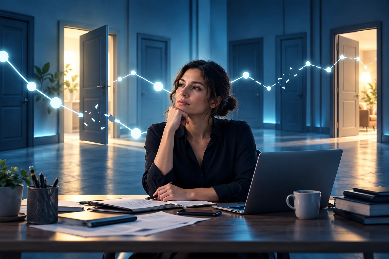 Une personne pensive à son bureau observe un chemin de points lumineux interrompu par endroits, devant des portes ouvertes et fermées.