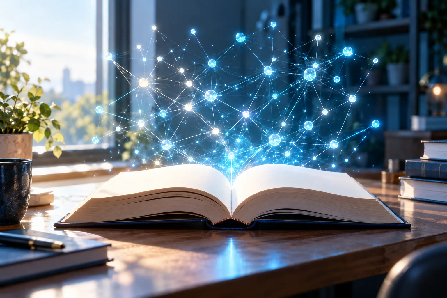 Un réseau de points lumineux s'élève d'un livre ouvert, image du langage transformé en calcul