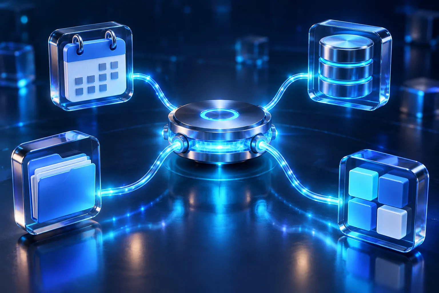 A glowing central connector linked by cables of light to floating blocks that suggest a calendar, a folder and a database.