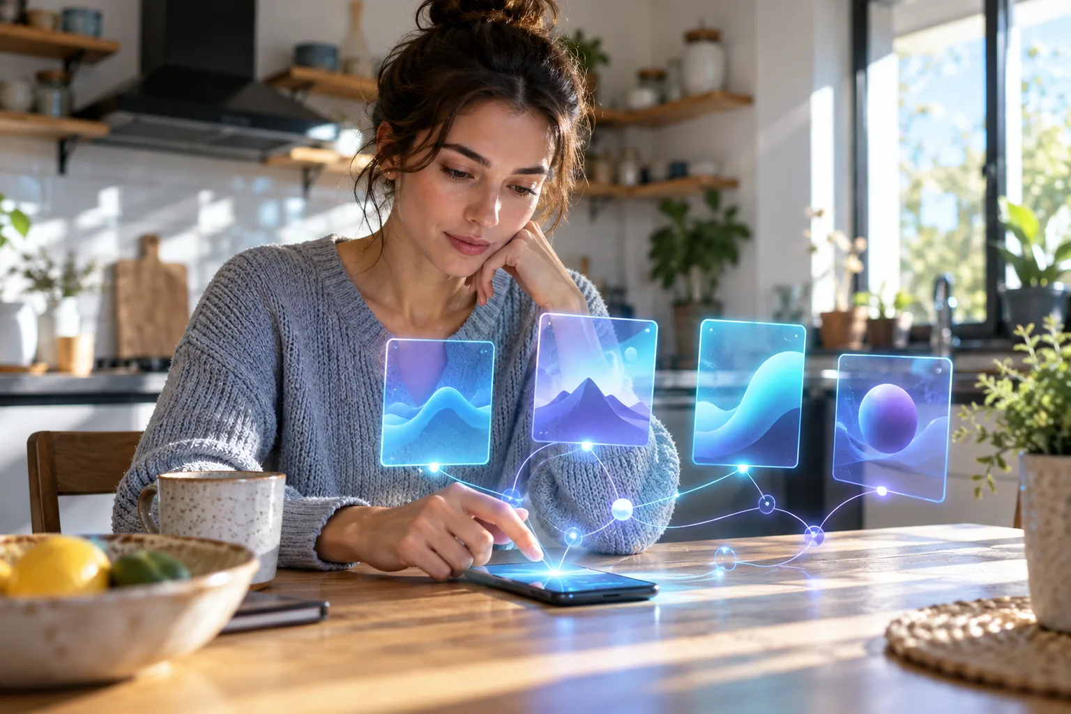 Una persona compara varias tarjetas luminosas que flotan sobre su teléfono, imagen que evoca la elección entre asistentes de IA gratuitos.