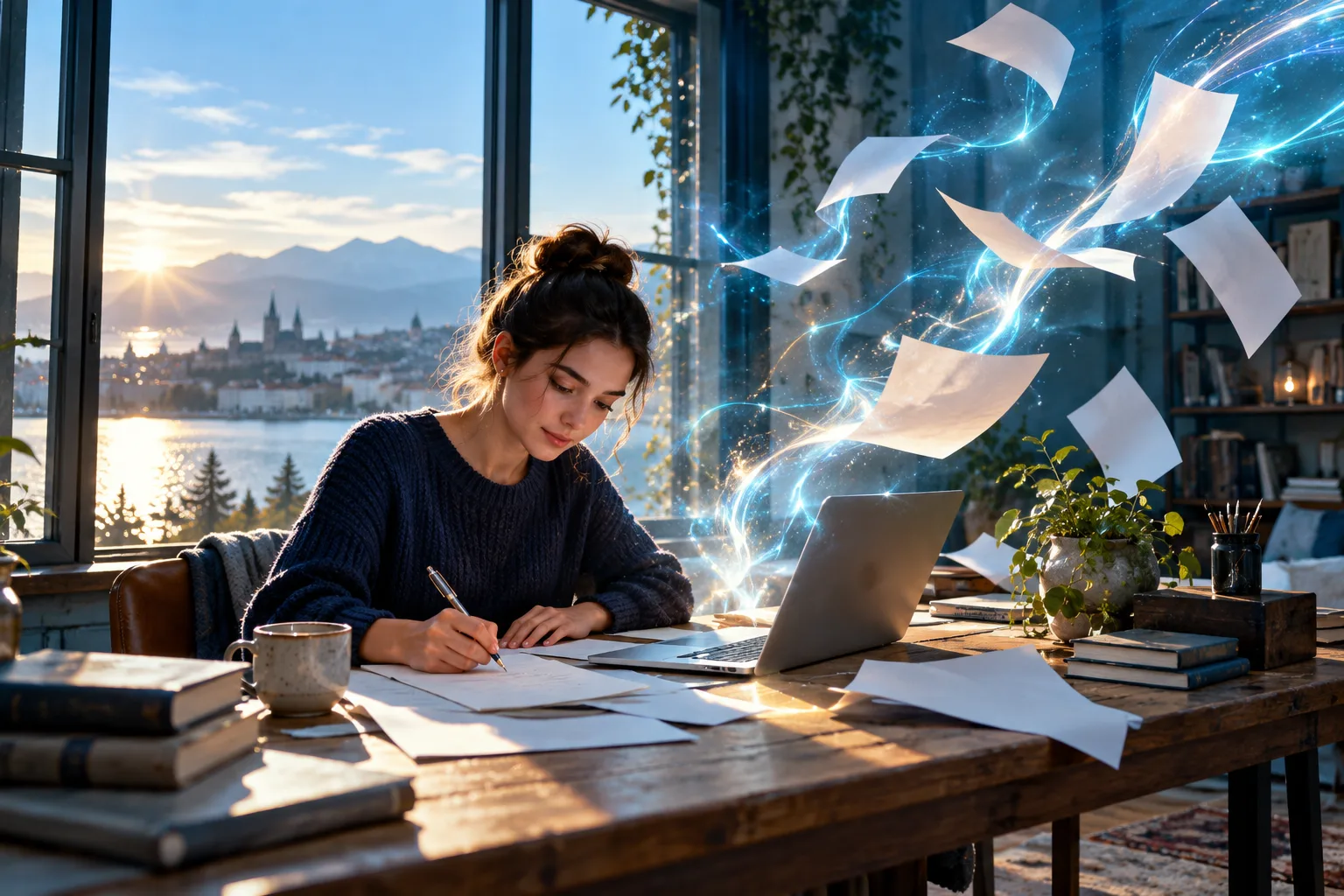 A person writes by hand next to an open laptop while sheets of paper drift up and turn into ribbons of light.