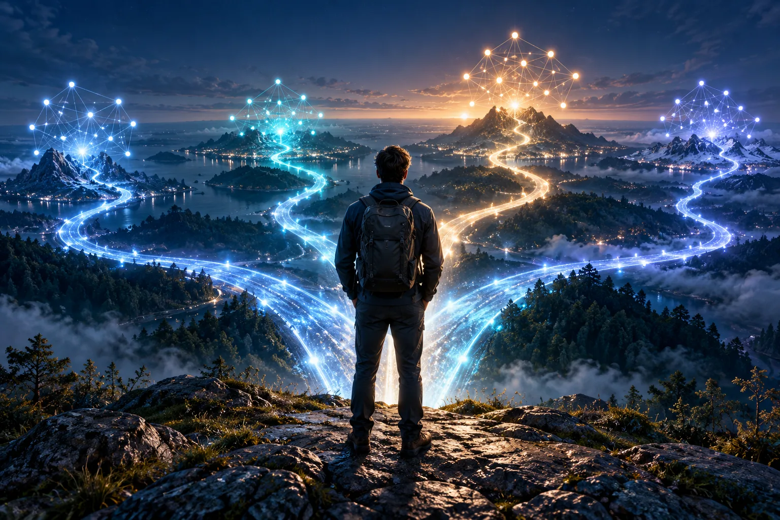 A person stands at a crossroads of glowing paths, each leading to a network of bright dots, a picture of choosing between several AI tools.