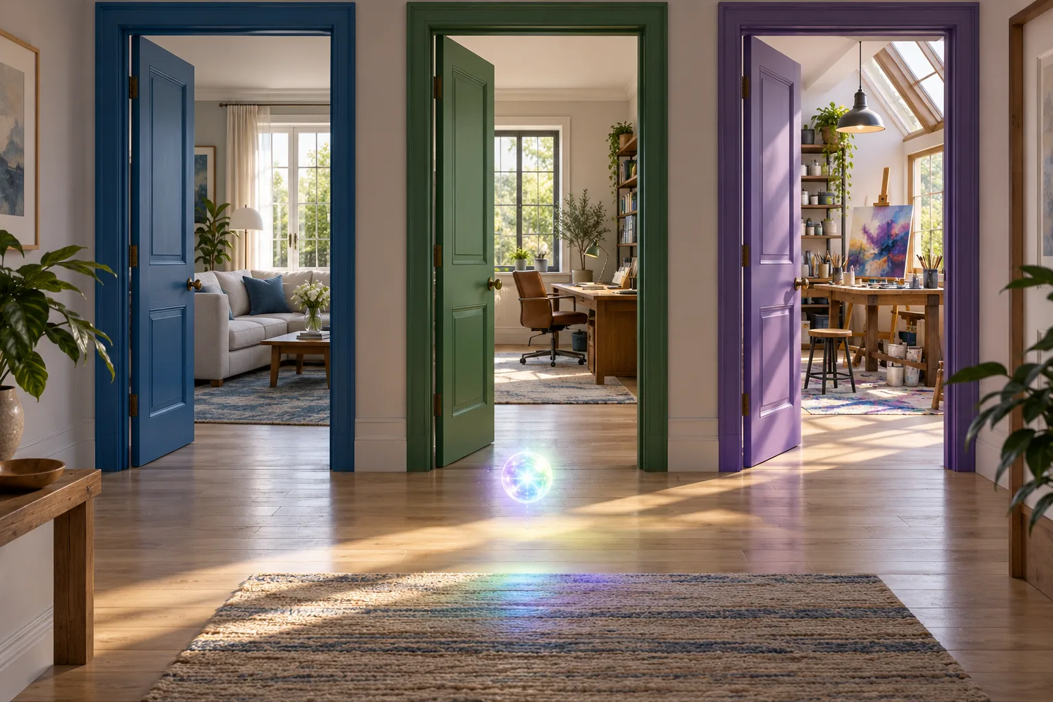 Three half-open doors leading to a living room, an office and a workshop, a picture of Microsoft's three Copilot products for home, work and code.