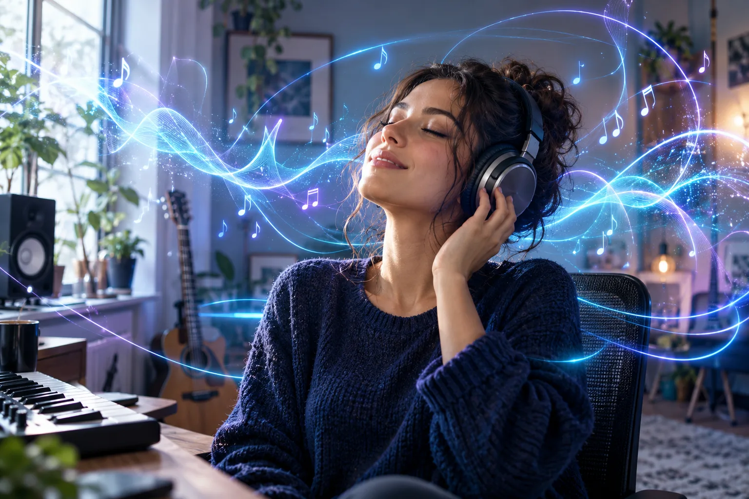 Una persona con auriculares en un estudio luminoso, rodeada de ondas sonoras y notas musicales abstractas que se convierten en hilos de luz.